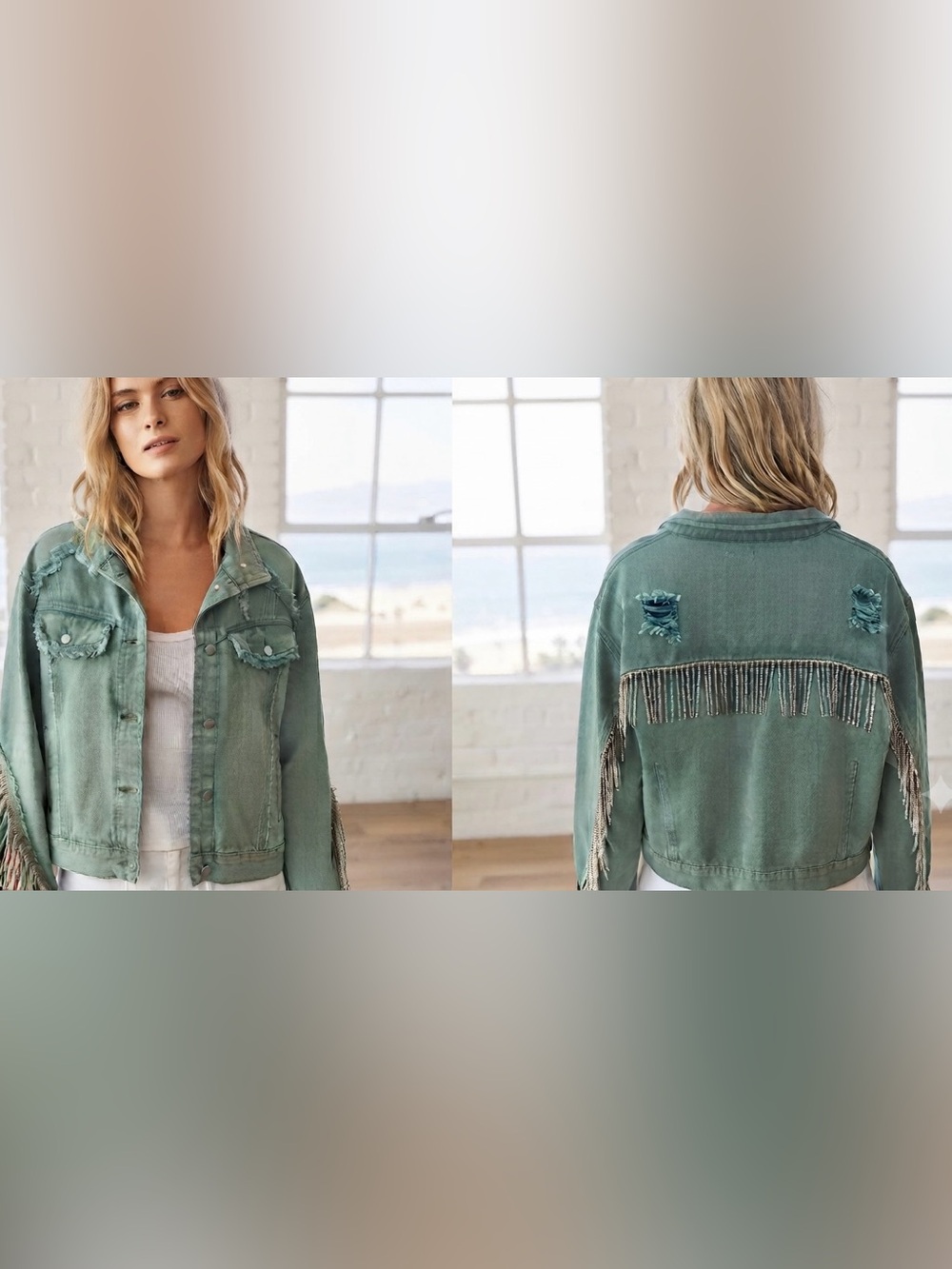 POL fringe turquoise/olive woman's Jean Jacket